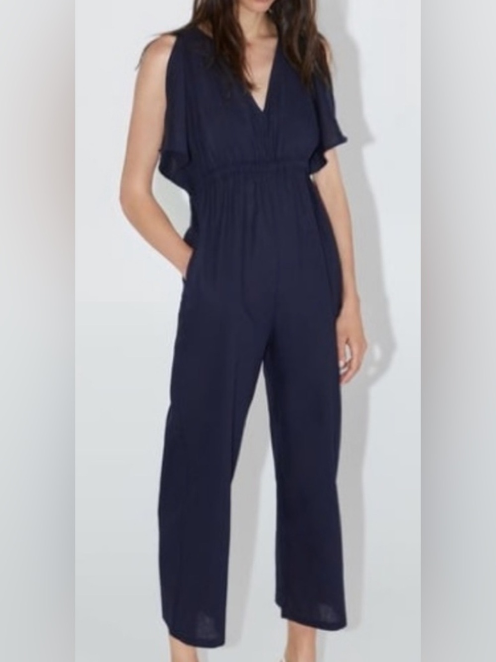 Zara Navy Blue Linen Jumpsuit S Wide Leg V-Neck Tie Back Short Sleeve Rustic
